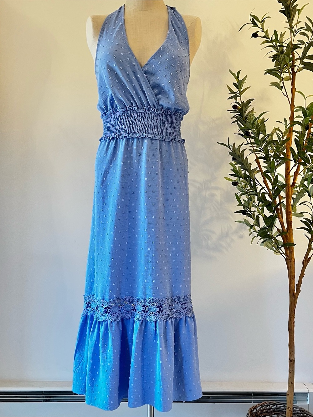 Smocked Waist Blue Halter Maxi Dress with Lace Hem